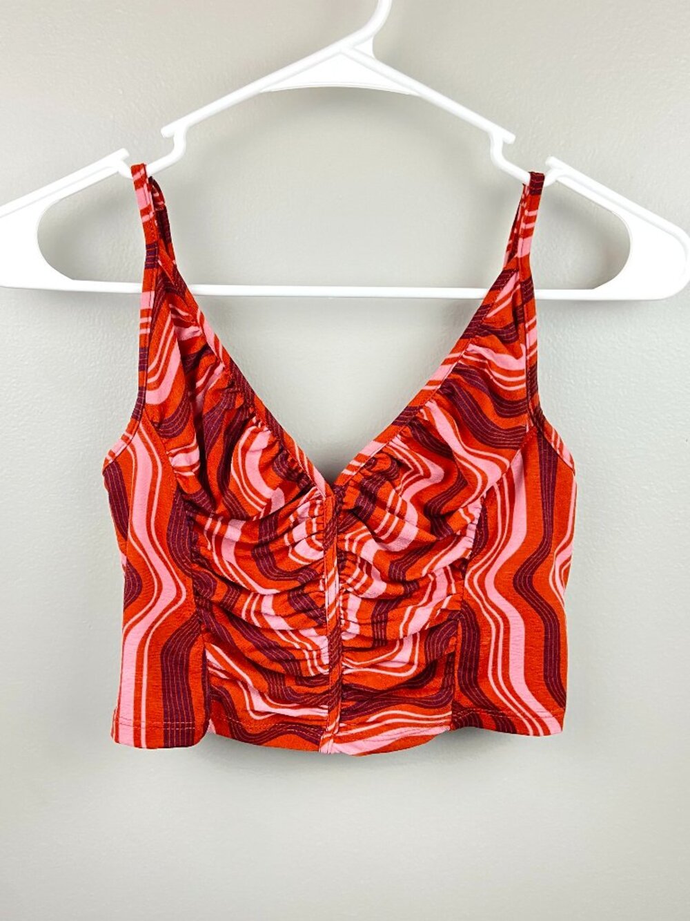 Urban Outfitters Lexi Satin Corset Crop Top Retro Swirl Red & Pink Size Small
